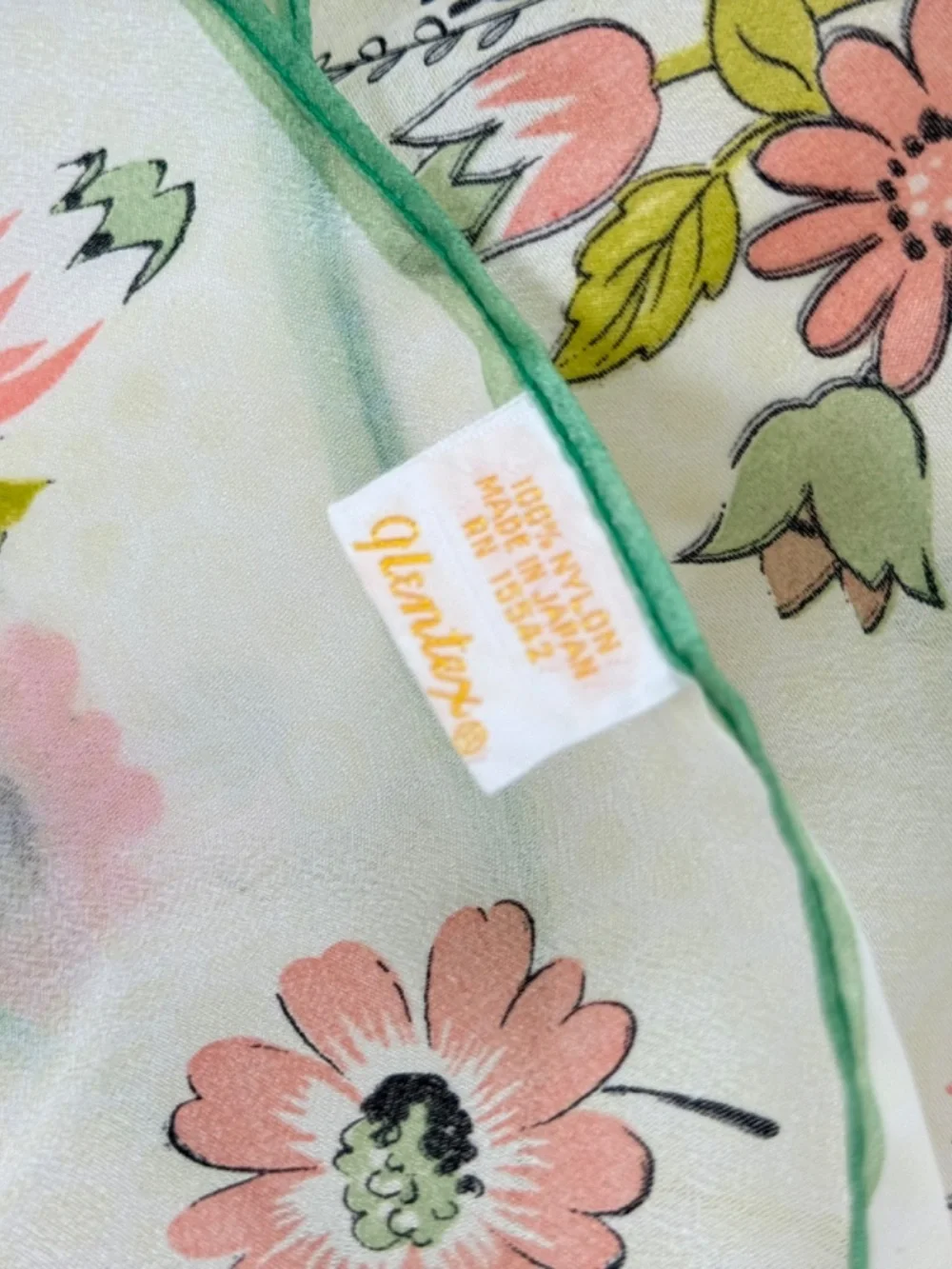 Vintage Glentex Nylon Chiffon Scarf 27in Square Peach Daisies on Off White Japan